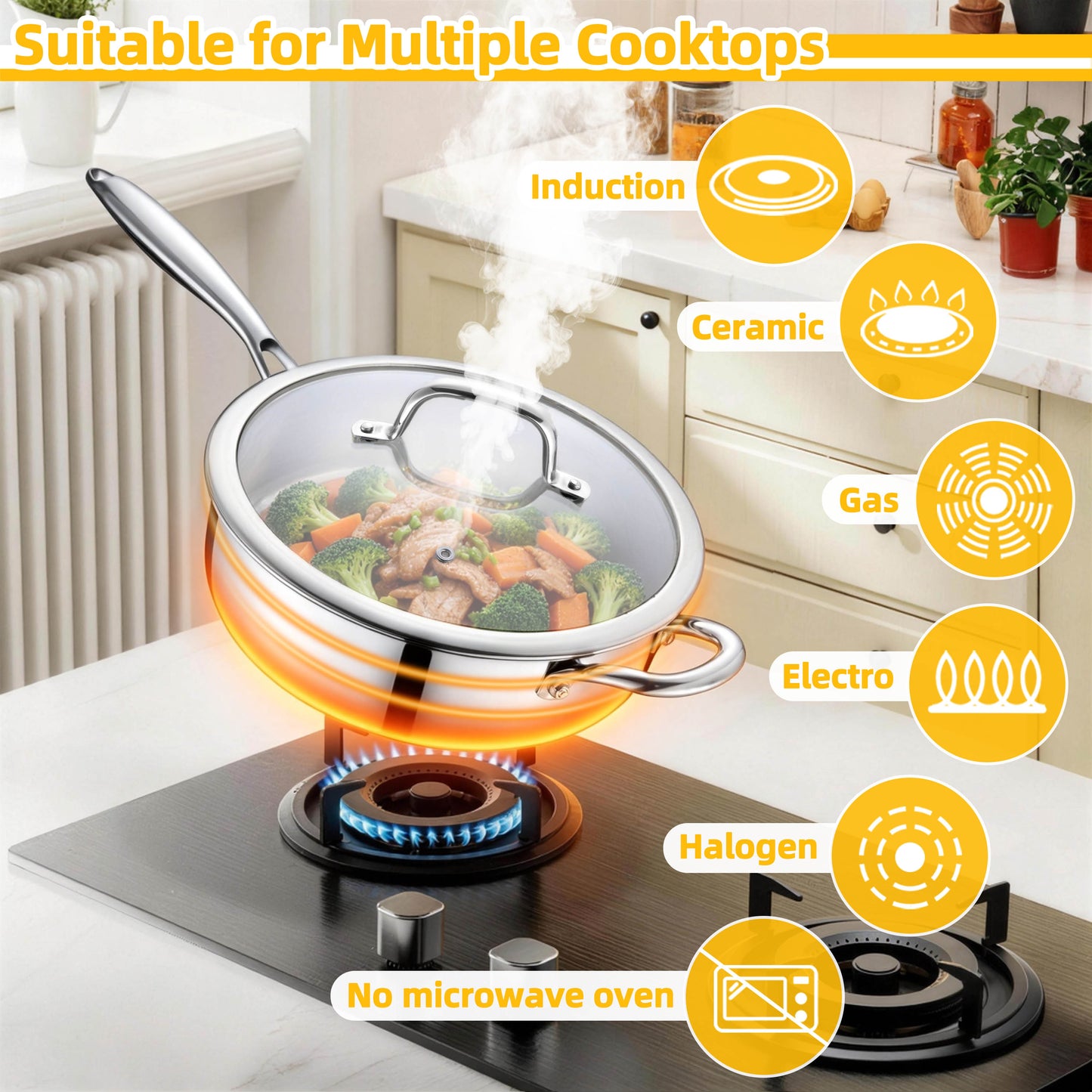 Vesteel 4.5 Quart Tri-Ply Saute Pan with Lid, 10” Stainless Steel Kitchen Skillet with Removable Handle, Healthy Non-toxic Cooking Pan, Induction Compatible & Dishwasher Safe