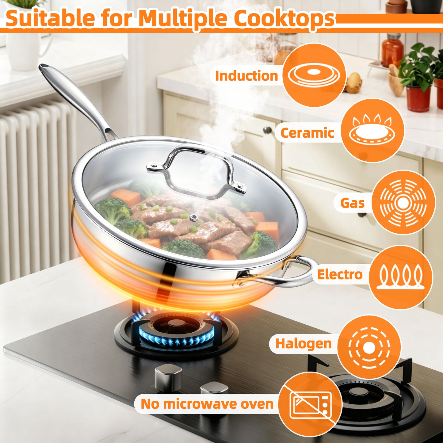 Vesteel 6 Quart Tri-Ply Saute Pan with Lid, 12” Stainless Steel Kitchen Skillet with Removable Handle, Healthy Non-toxic Cooking Pan, Induction Compatible & Dishwasher Safe
