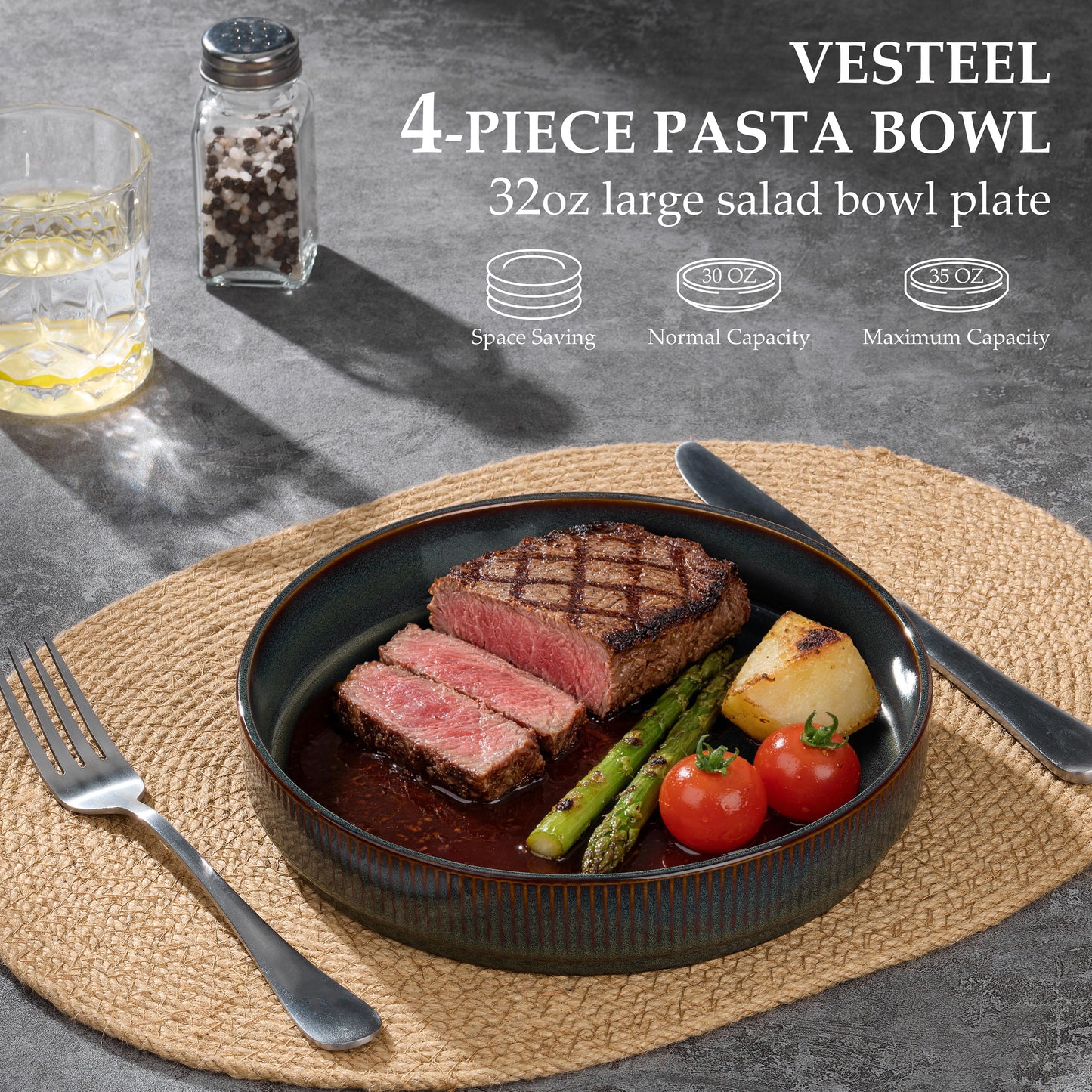 Vesteel Pasta Bowls Set of 4, 32oz Large Salad Bowls for Dinner Serving Soup, Ceramic Stoneware Pasta Plates with Textured Stripes, Microwave & Dishwasher Safe, Blackish Green