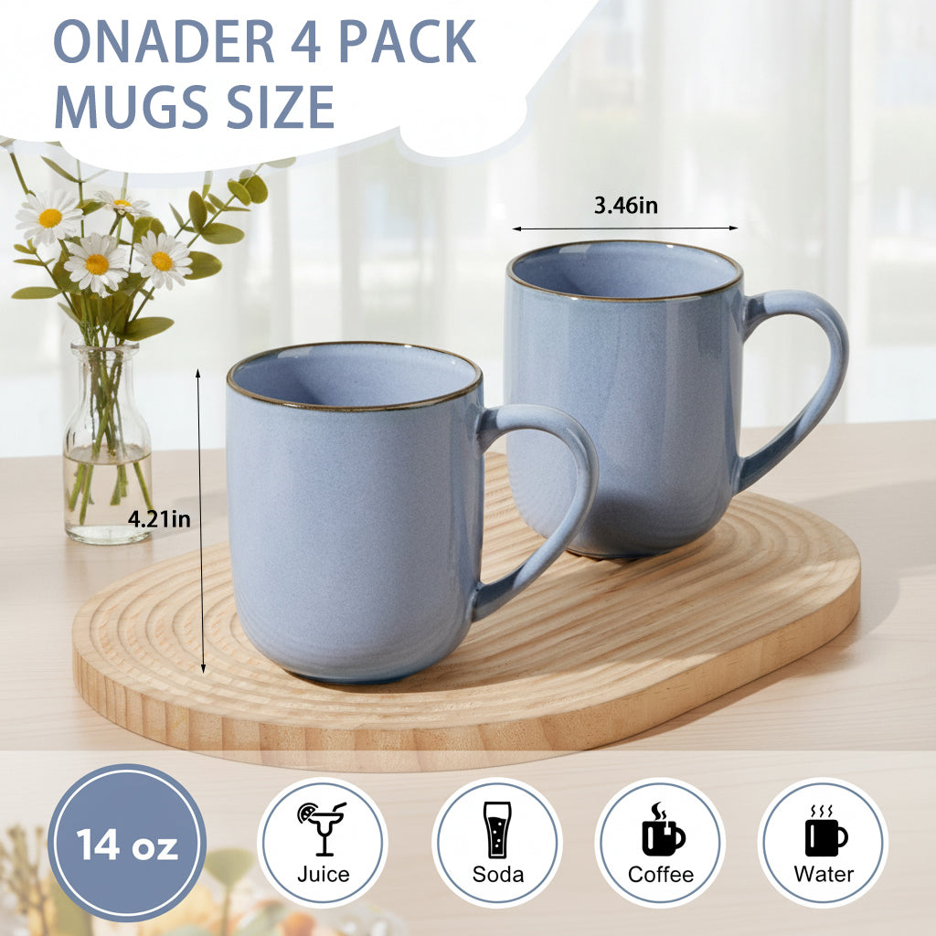 Onader 14OZ Coffee Mugs Set of 4, Stoneware Coffee Mugs Set with Handle, Ceramic Coffee Cups for Latte/Tea/Cappuccino, Dishwasher & Microwave Safe - Grey Blue