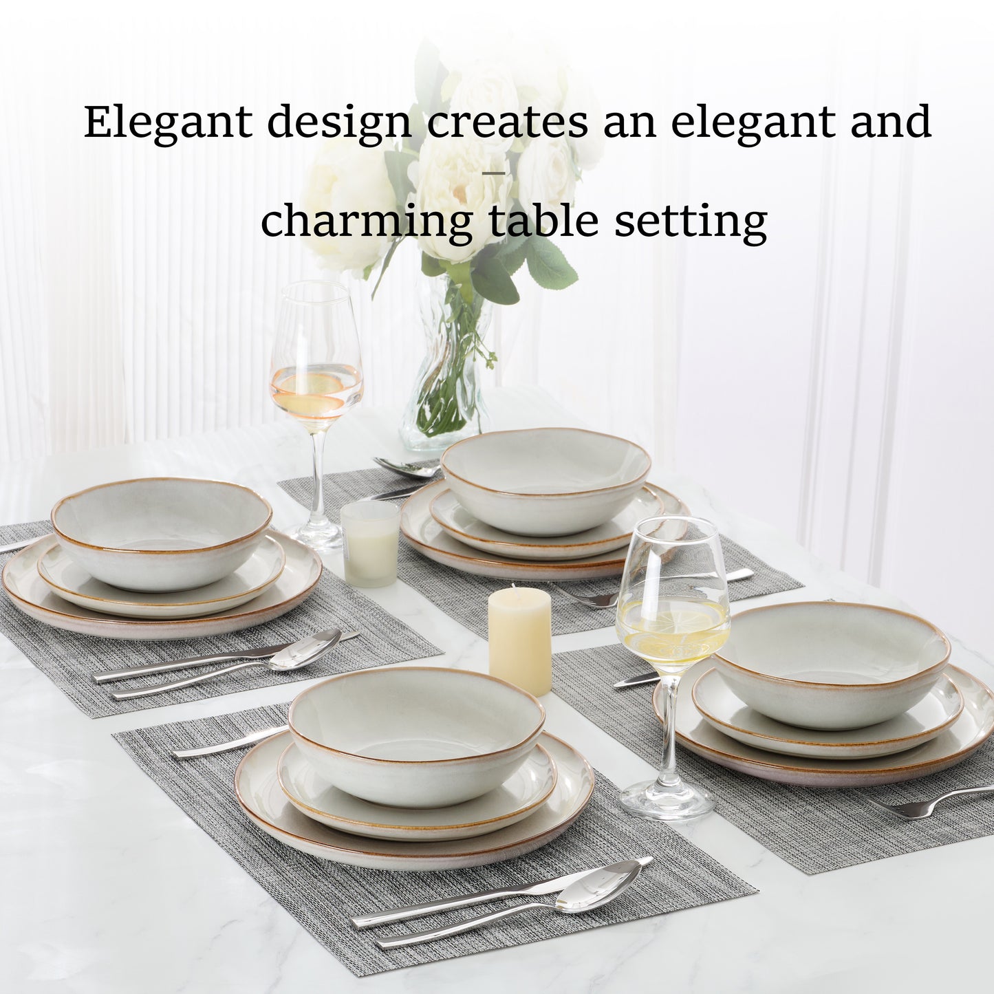 Onader 12 Piece Dinnerware Sets, Plates and Bowls Dish Set for 4, Irregular Handmade Dinner Ware Dishware for Kitchen Dinning, Microwave & Dishwasher Safe - Pearl White