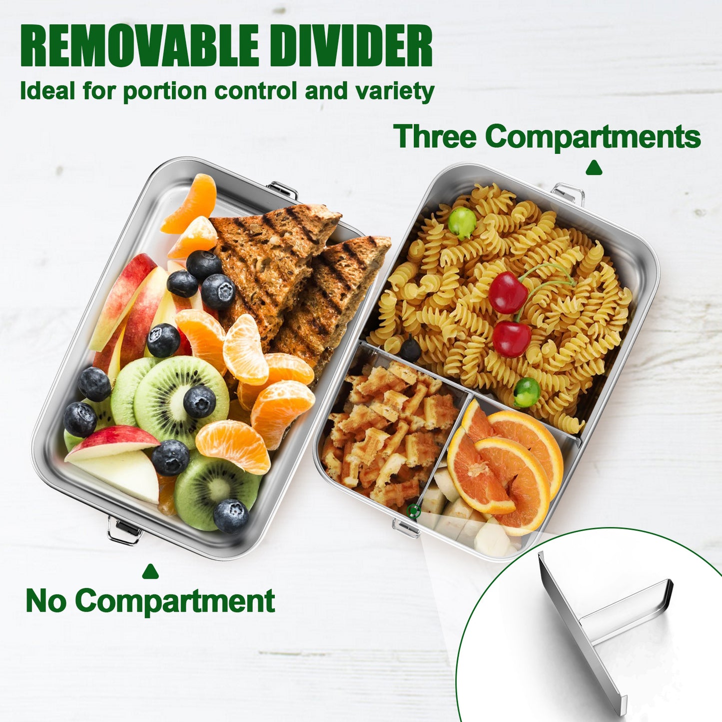 Vesteel Stainless Steel Bento Box, 47oz Lunch Box Metal Food Storage Container with Removable Dividers, Portable & Leak-Proof Meal Prep Container with 3 Compartment