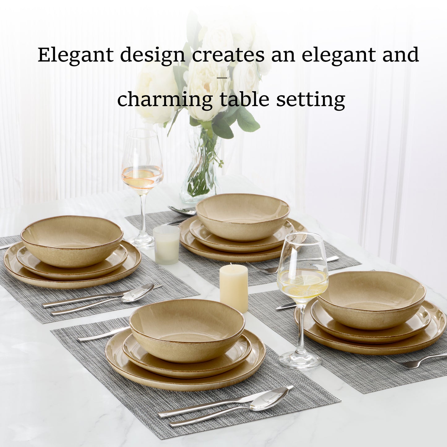 Onader 12 Piece Dinnerware Sets, Plates and Bowls Dish Set for 4, Irregular Handmade Dinner Ware Dishware for Kitchen Dinning, Microwave & Dishwasher Safe - Cream Khaki