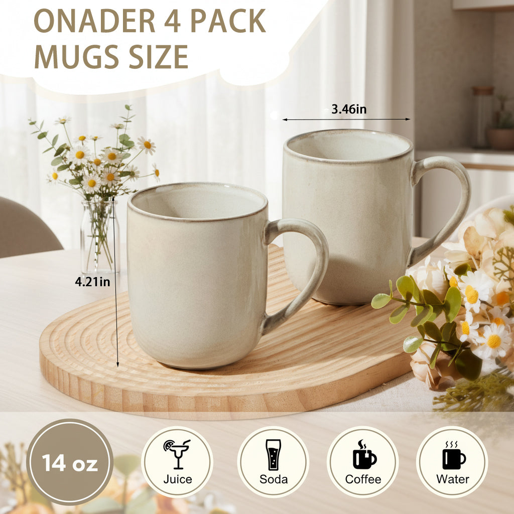 Onader 14OZ Coffee Mugs Set of 4, Stoneware Coffee Mugs Set with Handle, Ceramic Coffee Cups for Latte/Tea/Cappuccino, Dishwasher & Microwave Safe - Khaki