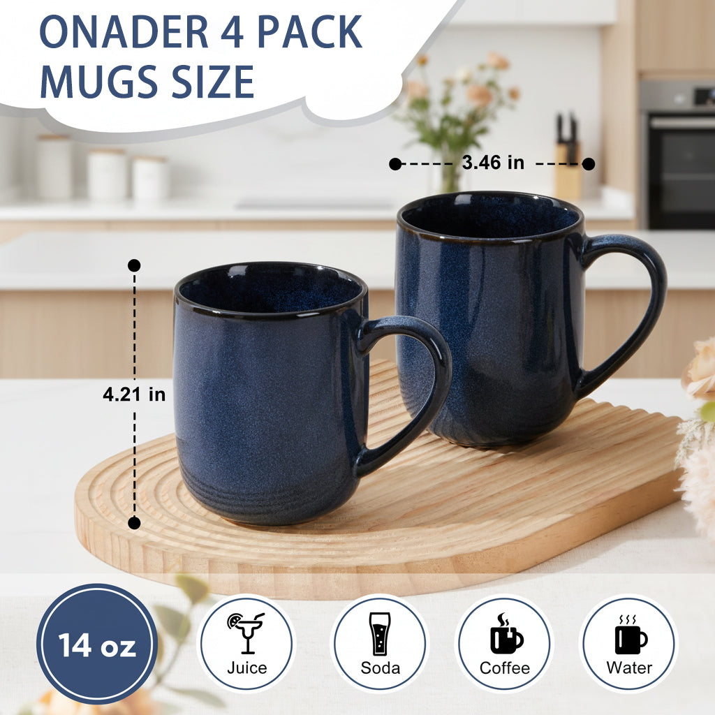 Onader 14OZ Coffee Mugs Set of 4, Stoneware Coffee Mugs Set with Handle, Ceramic Coffee Cups for Latte/Tea/Cappuccino, Dishwasher & Microwave Safe - Starry Blue