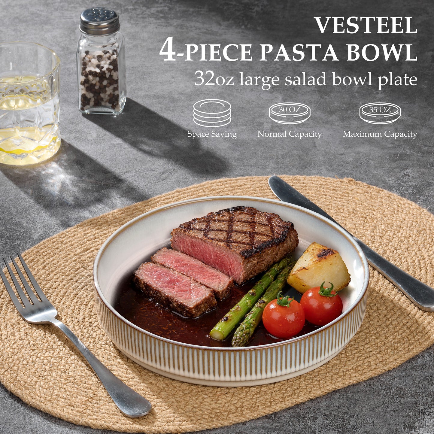 Vesteel Pasta Bowls Set of 4, 32oz Large Salad Bowls for Dinner Serving Soup, Ceramic Stoneware Pasta Plates with Textured Stripes, Microwave & Dishwasher Safe, Seashell White