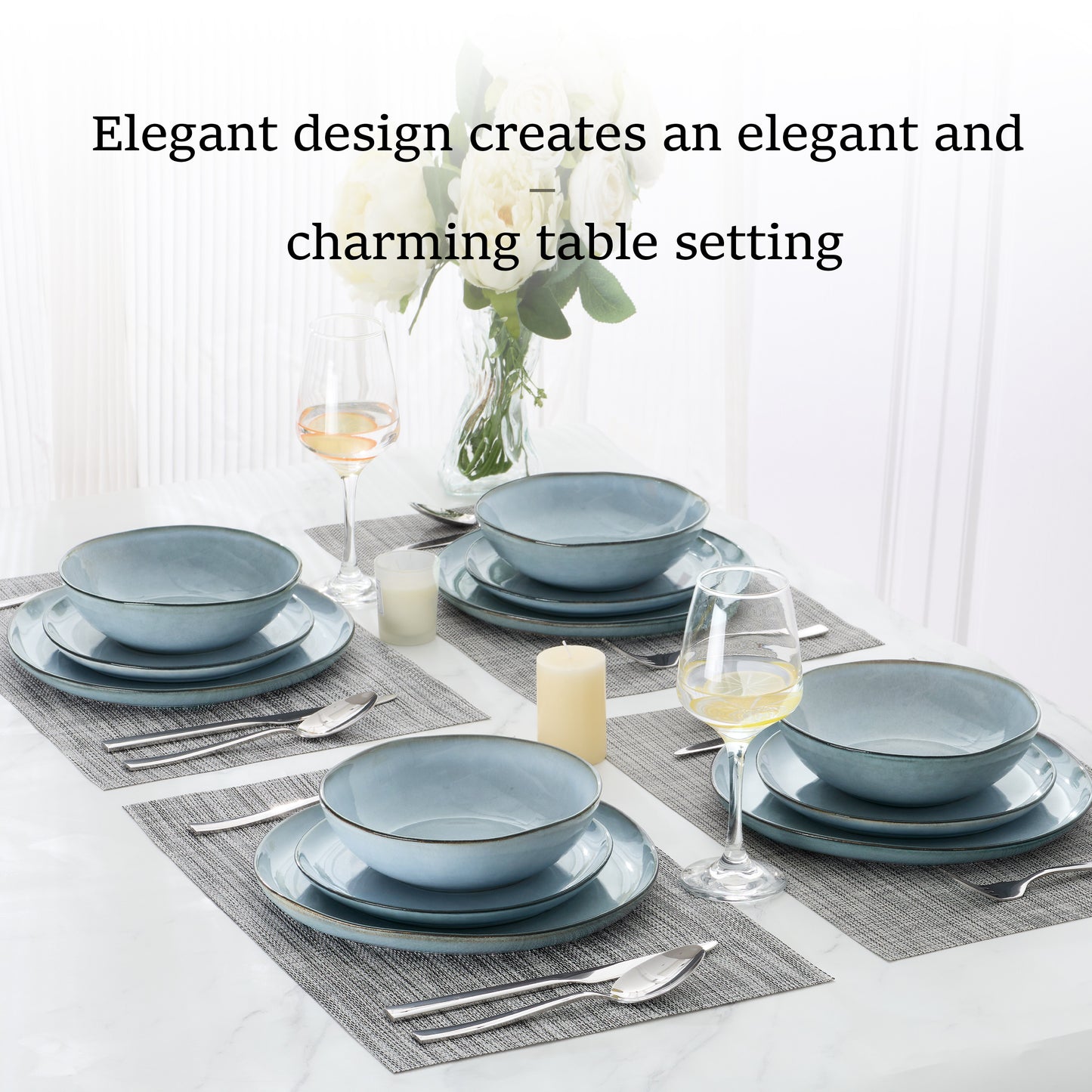Onader 12 Piece Dinnerware Sets, Plates and Bowls Dish Set for 4, Irregular Handmade Dinner Ware Dishware for Kitchen Dinning, Microwave & Dishwasher Safe - Smoky Blue