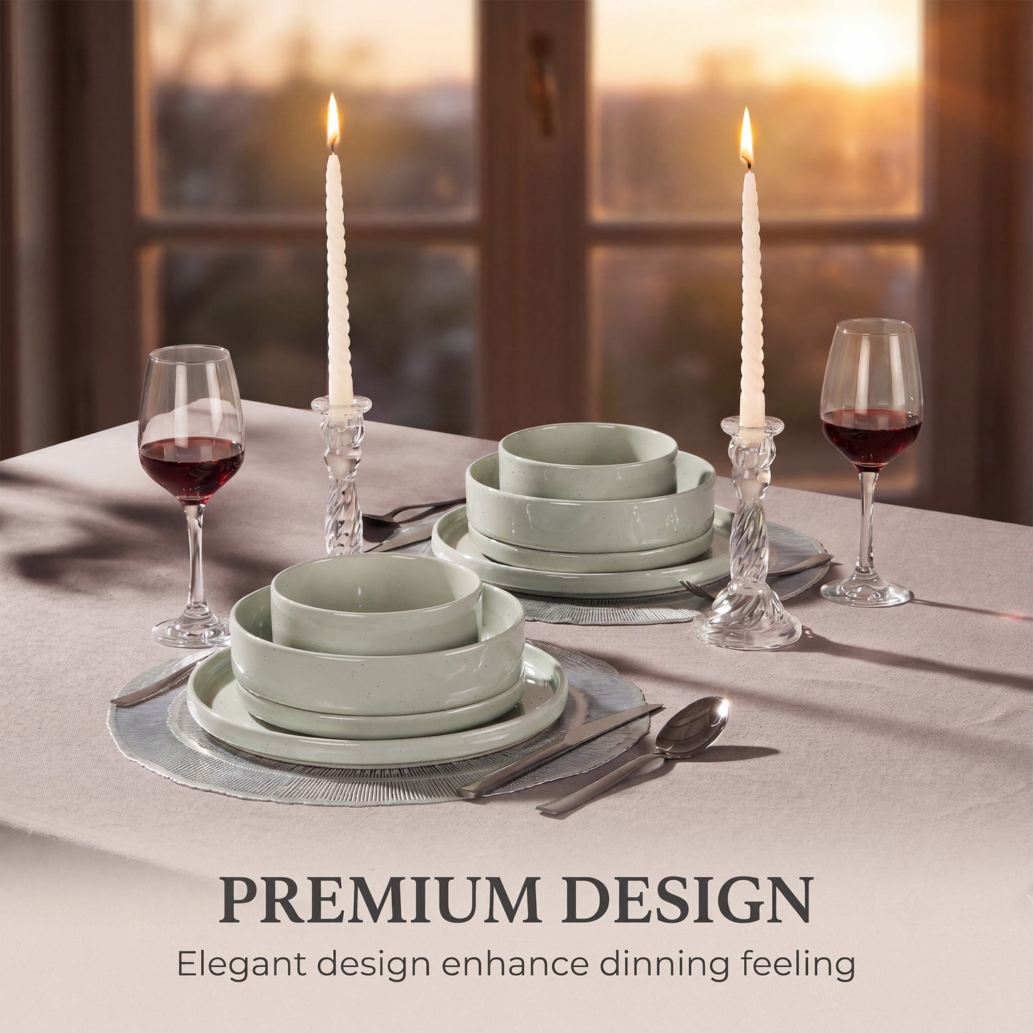 Onader 8-Piece Stoneware Dinnerware Set, Speckled Porcelain Plates and Bowls for the Kitchen, High-Quality Handcrafted Ceramic Dinnerware, Microwave & Dishwasher Safe - Light Green