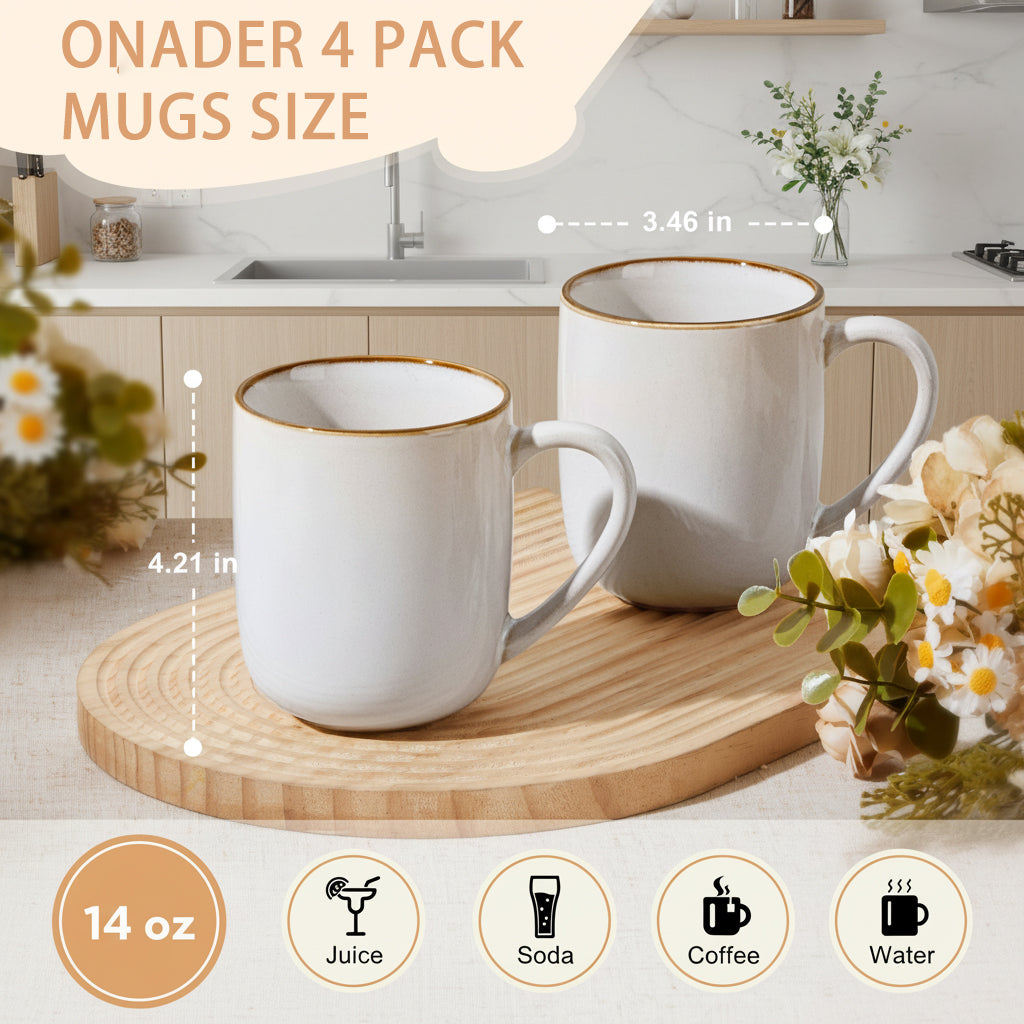 Onader 14OZ Coffee Mugs Set of 4, Stoneware Coffee Mugs Set with Handle, Ceramic Coffee Cups for Latte/Tea/Cappuccino, Dishwasher & Microwave Safe