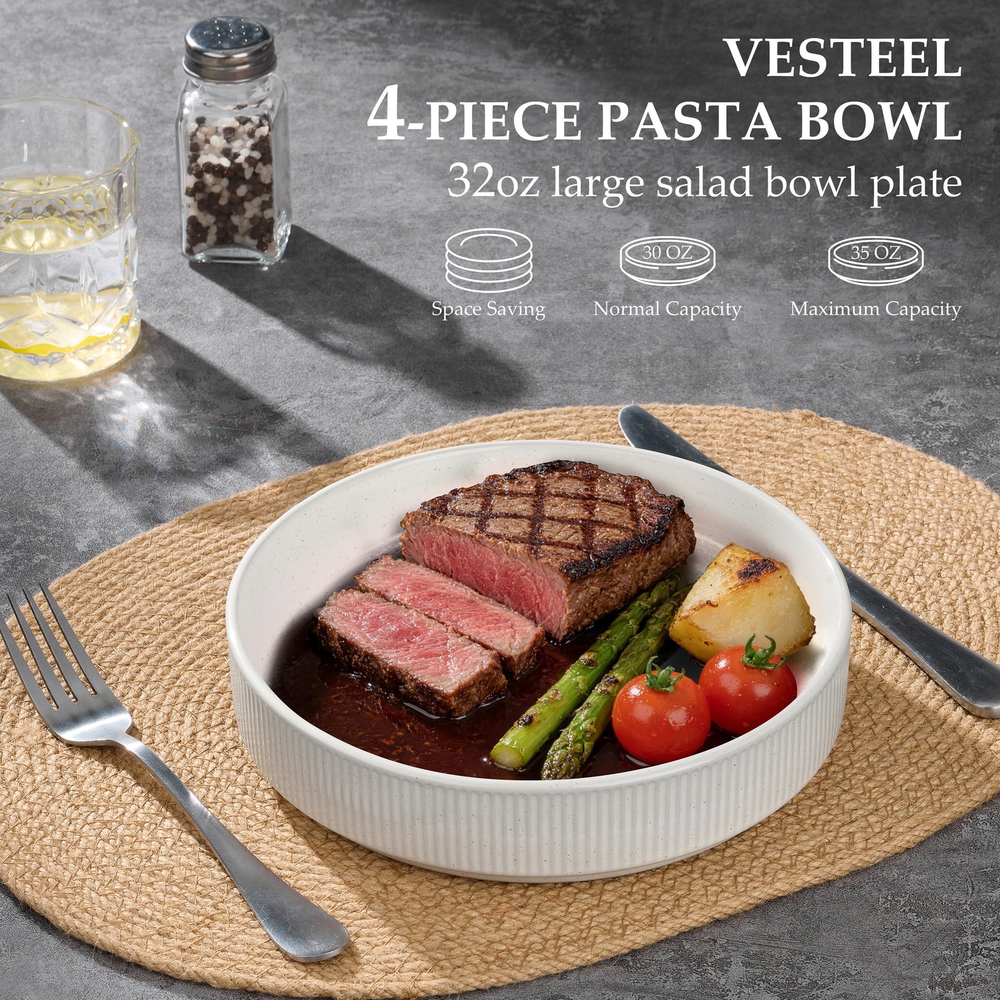 Vesteel Pasta Bowls Set of 4, 32oz Large Salad Bowls for Dinner Serving Soup, Ceramic Stoneware Pasta Plates with Textured Stripes, Microwave & Dishwasher Safe, Speckled White