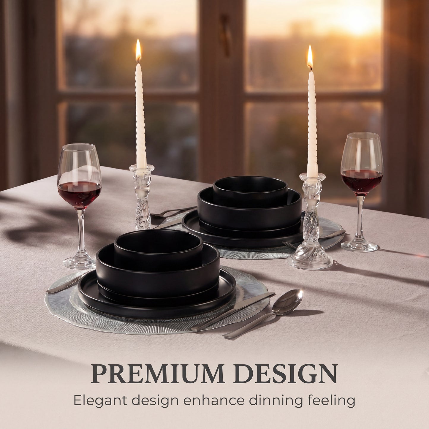 Onader 8-Piece Stoneware Dinnerware Set, Vertical Plates and Bowls for the Kitchen, Premium Glaze Handcrafted Ceramic Dinnerware, Microwave & Dishwasher Safe - Matte Black
