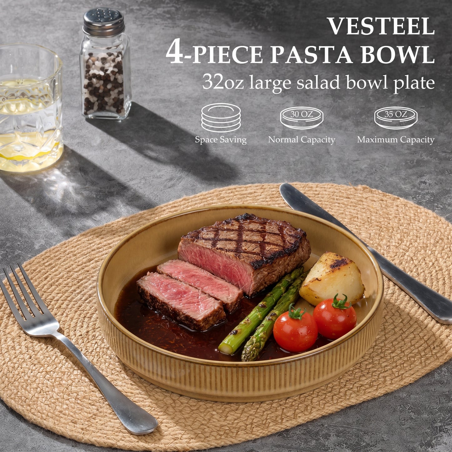 Vesteel Pasta Bowls Set of 4, 32oz Large Salad Bowls for Dinner Serving Soup, Ceramic Stoneware Pasta Plates with Textured Stripes, Microwave & Dishwasher Safe, Khaki