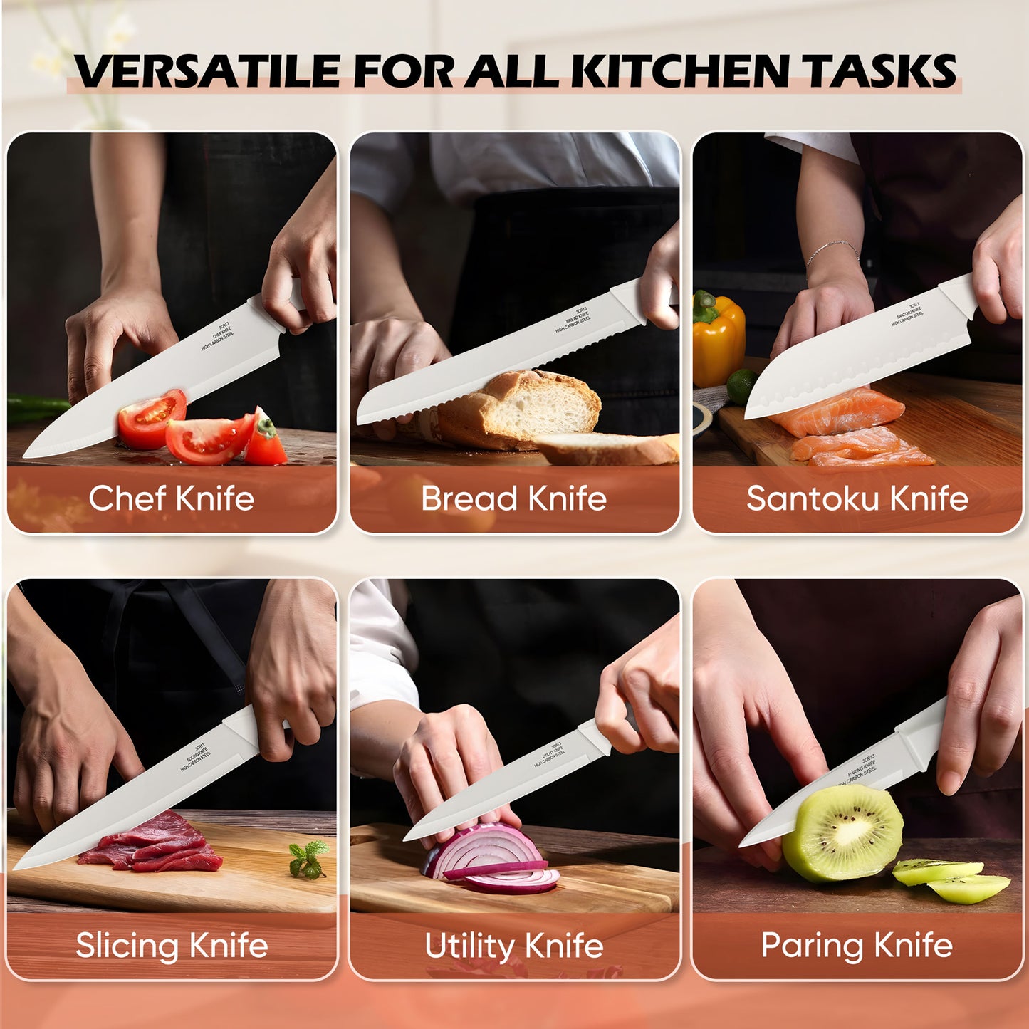 Vesteel Knife Block Set for Kitchen, 15-Piece High Carbon Stainless Steel Knives Set with Ergonomic Handle, Ultra-sharp & Rust Resistant, White