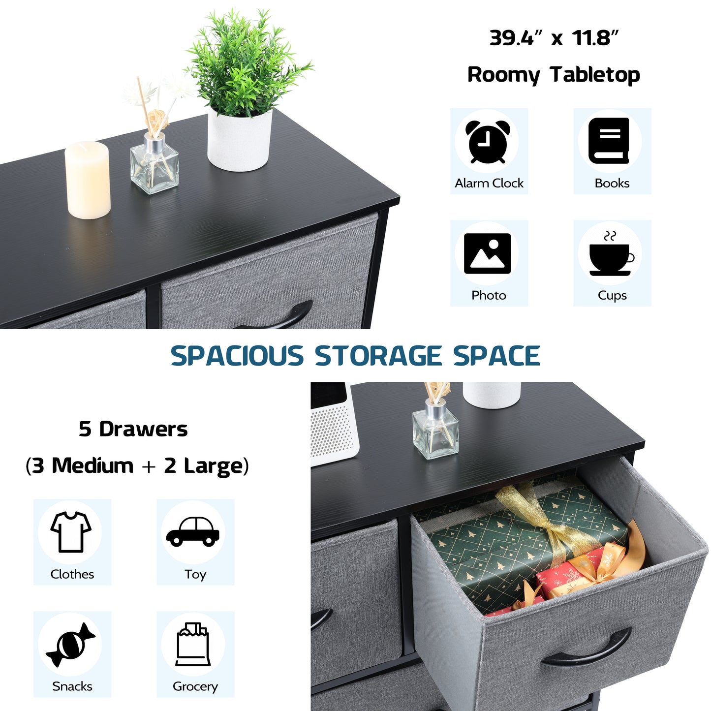 Vesteel 5 Drawers Dresser, Wide Chest of Drawers Fabric Dresser with Wood Top and Sturdy Steel Frame, Storage Organizer Unit for Closet, Living Room, Hallway - Grey