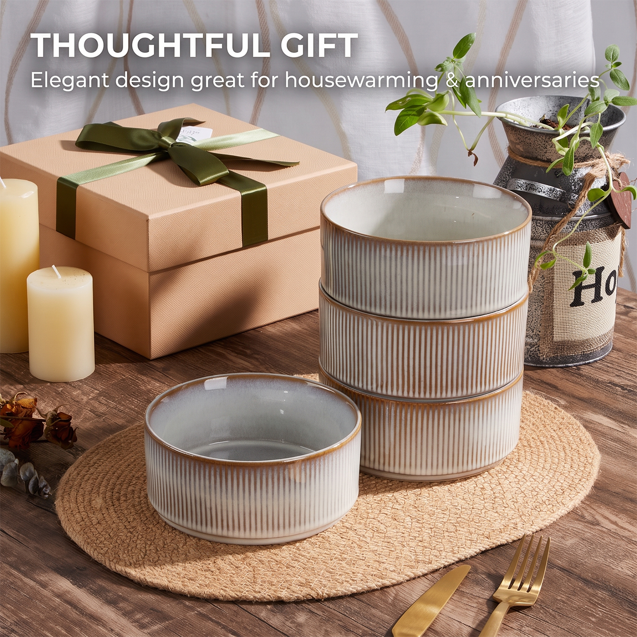 Vesteel Cereal Bowl for 4, 26oz Stoneware Soup Bowls with Textured Stripes, 4-Piece Ceramic Kitchen Bowls for Salad Fruit Pasta Soup, Dishwasher Safe & Microwave Safe, Seashell White