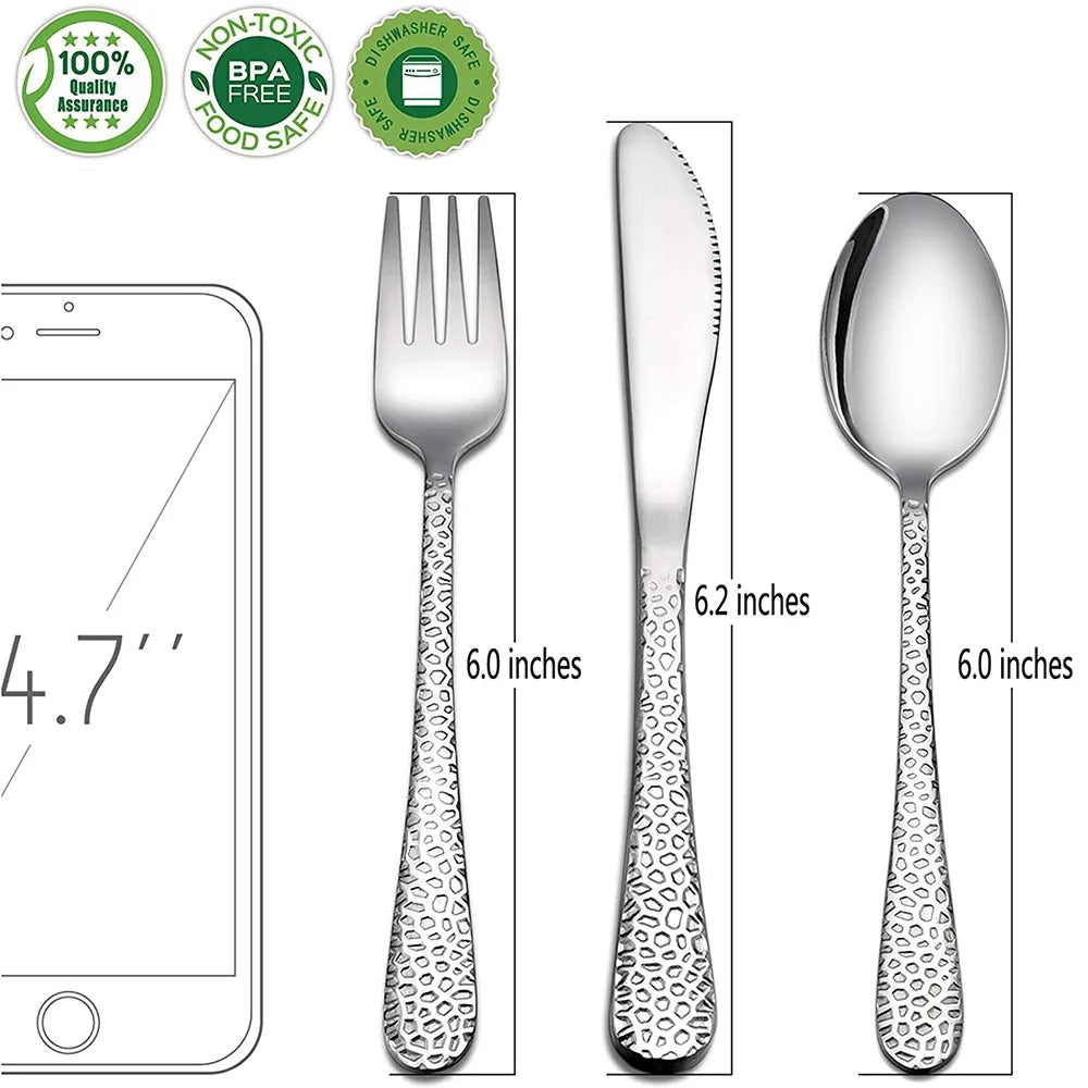 VeSteel 9-Piece Kids Hammered Silverware Set, Stainless Steel Preschooler Eating Flatware Utensils - Silver