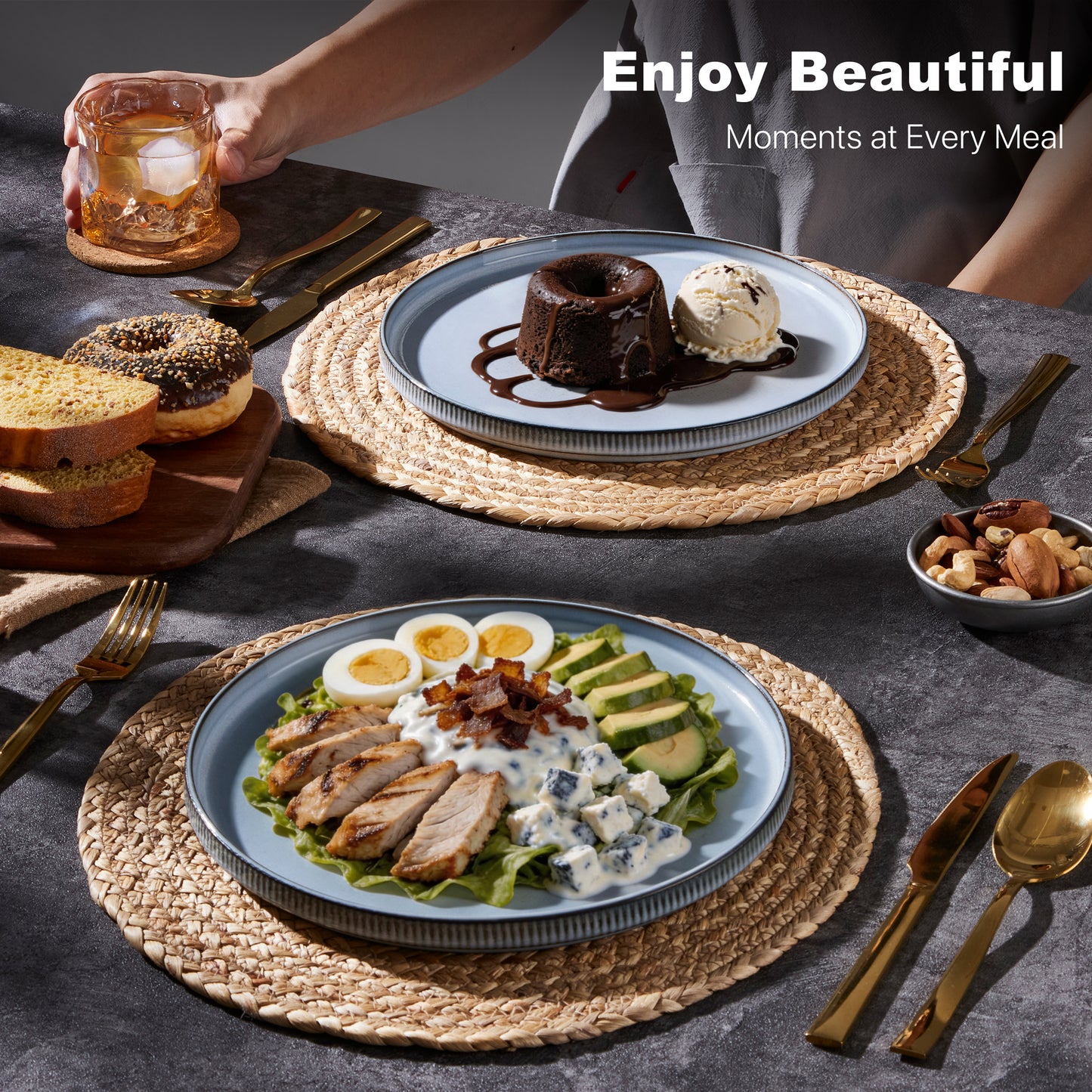 Vesteel 4 Pieces Dinner Plates Set, Premium Stoneware Ribbed Dishes, Chip & Scratch Resistant Ceramic Set for Home Restaurant, Microwave and Dishwasher Safe - Foggy Blue