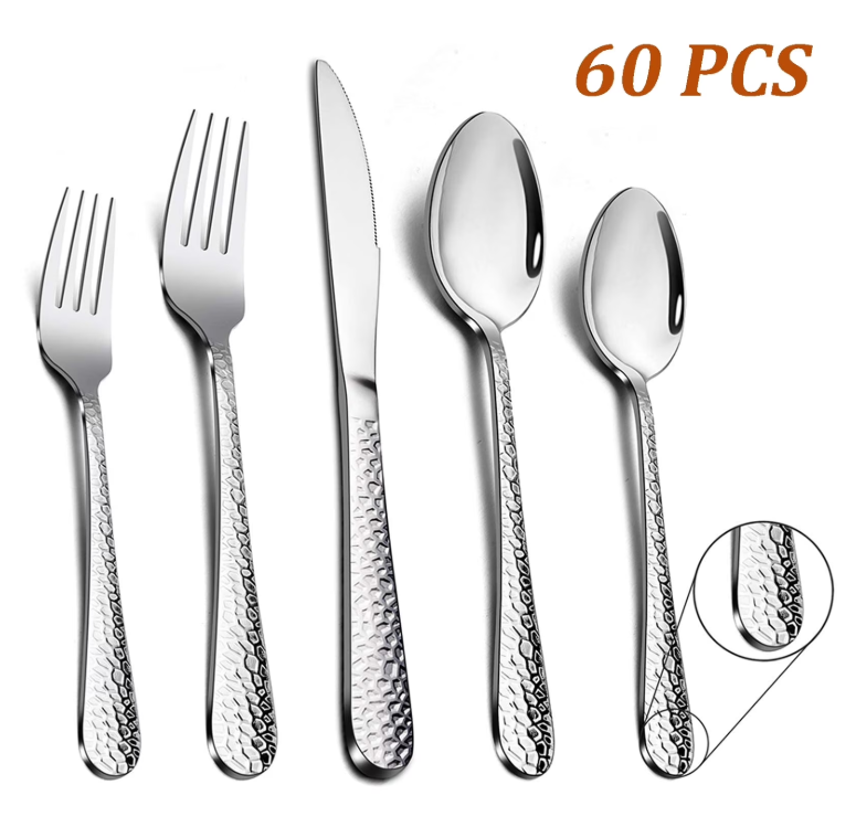 VeSteel 60 Piece Hammered Silverware Set for 12, Stainless Steel Flatware Cutlery Set, Includes Knives/Forks/Spoons, Dishwasher Safe