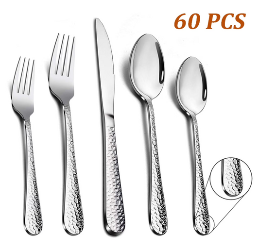 VeSteel 60 Piece Hammered Silverware Set for 12, Stainless Steel Flatware Cutlery Set, Includes Knives/Forks/Spoons, Dishwasher Safe