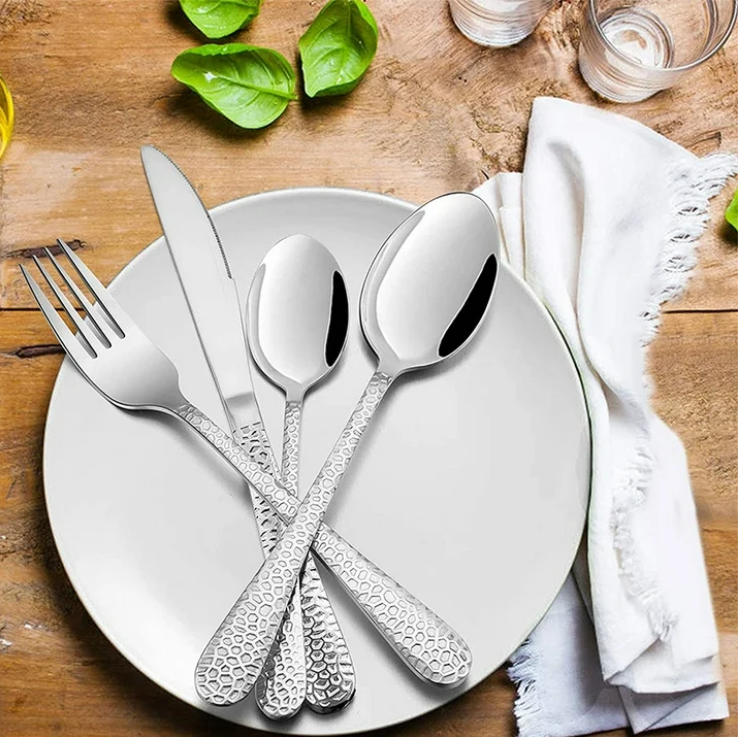 VeSteel 60 Piece Hammered Silverware Set for 12, Stainless Steel Flatware Cutlery Set, Includes Knives/Forks/Spoons, Dishwasher Safe