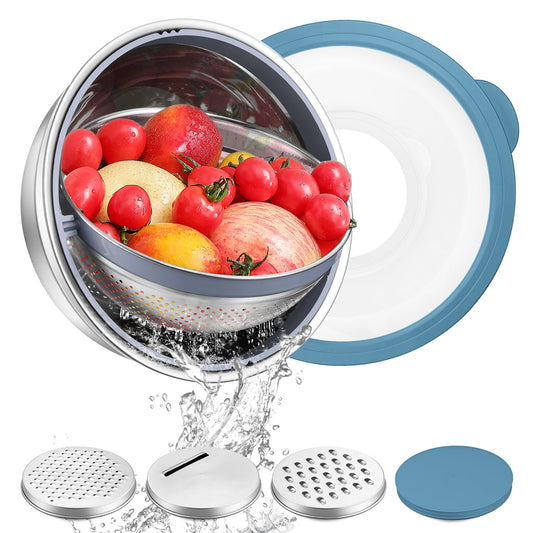 Vesteel Colander with Mixing Bowl Set, 4 in 1 Stainless Steel Food Strainer with Airtight Visible Lid and 3 Graters, Multifunctional Kitchen Prep Bowls for Washing/Draining/Mixing/ Grating - Blue