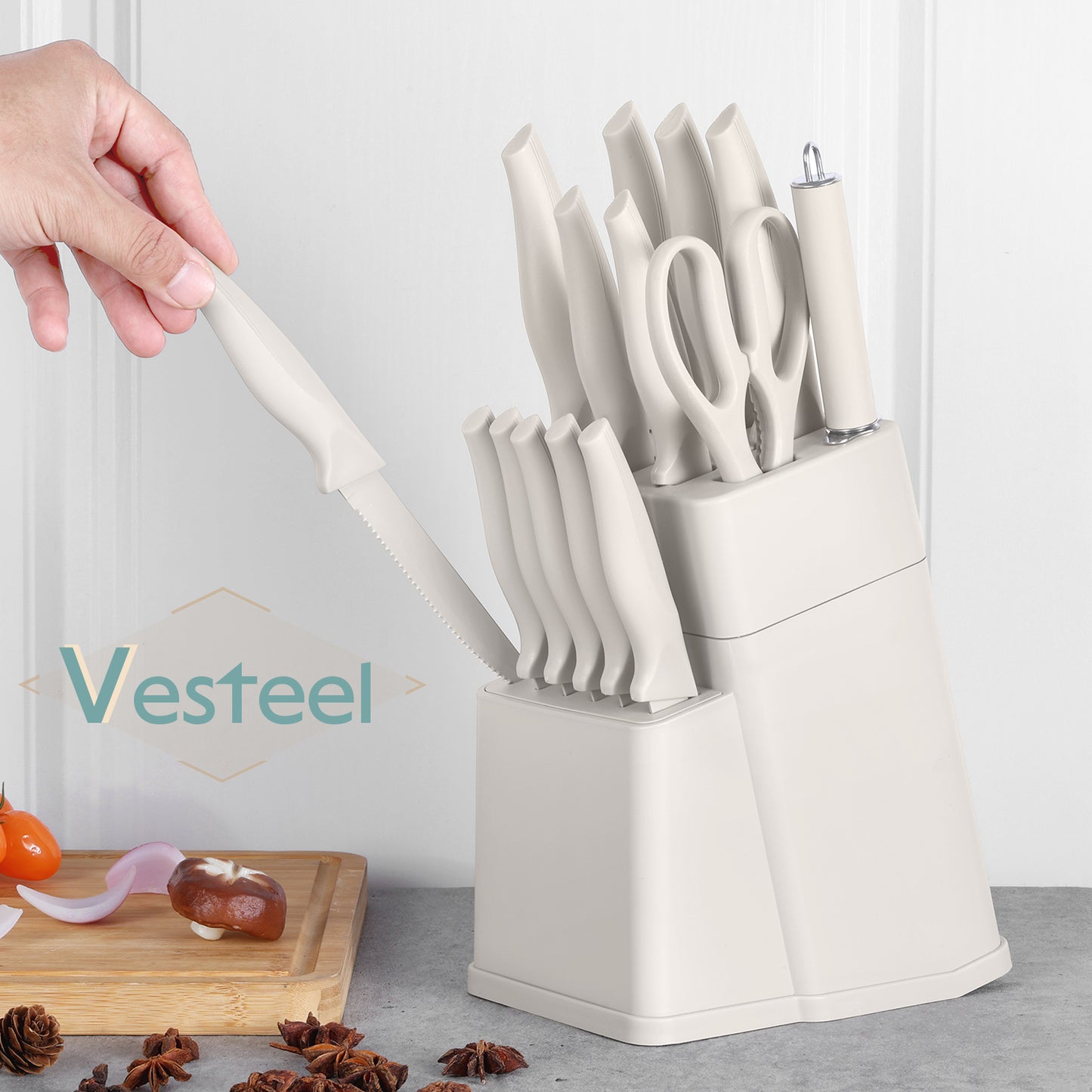 Vesteel Knife Set for Kitchen with Block, 15 Pcs Stainless Steel Kitchen Knife Set with Self Sharpening - White