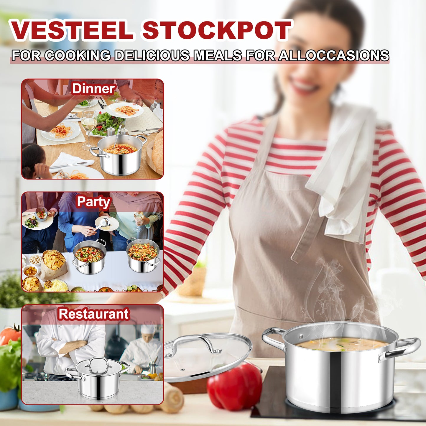 Vesteel 4 QT Stock Pot with Lid, 3 Tri-ply Stainless Steel Cooking Pot for Induction Gas Electric Stove, Stockpot for Cooking Soup Spaghetti, Dishwasher Safe