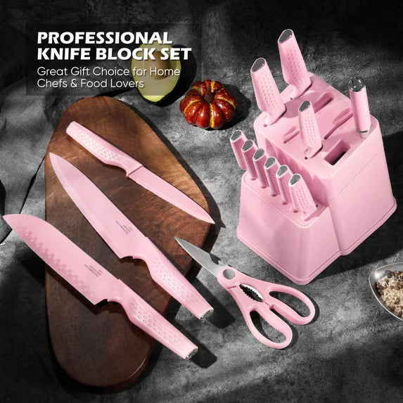 Vesteel Knife Block Set for Kitchen, 15-Piece High Carbon Stainless Steel Knives Set with Ergonomic Handle, Ultra-sharp & Rust Resistant, Pink