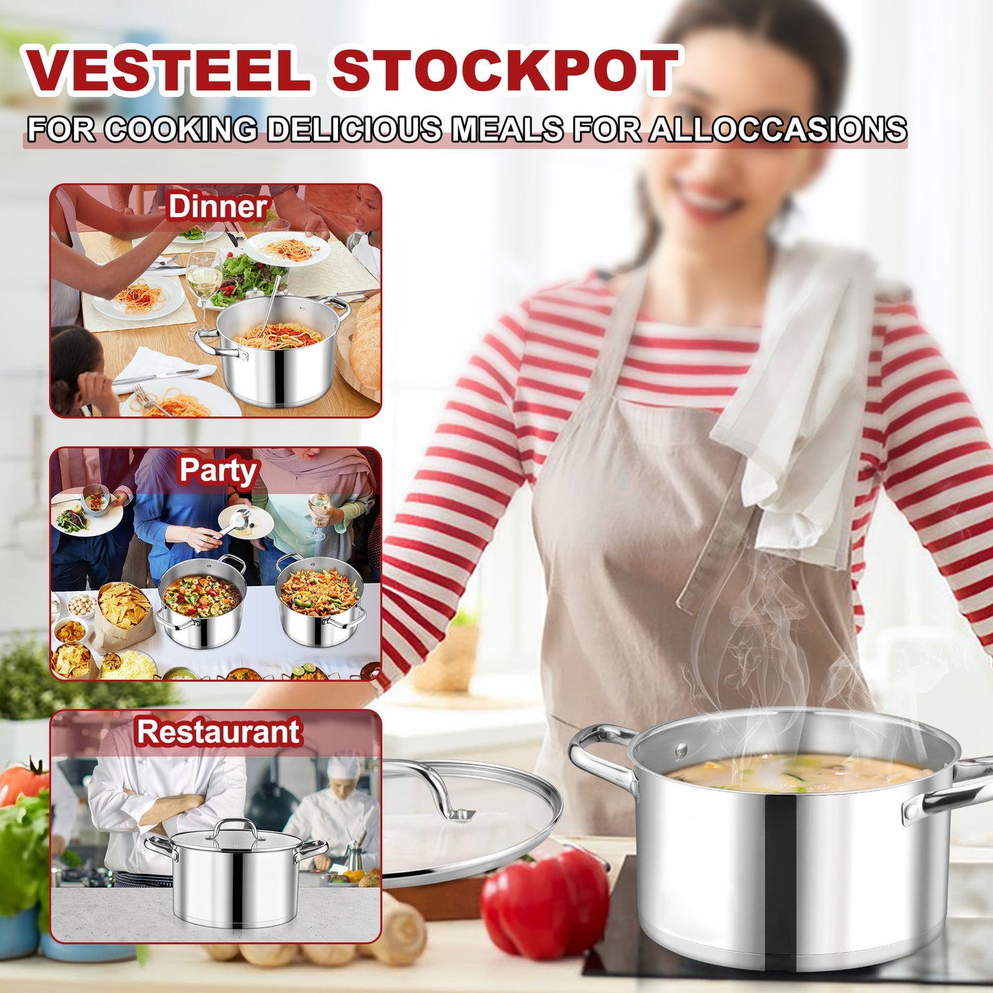 Vesteel 8 QT Stock Pot with Lid, 3 Tri-ply Stainless Steel Cooking Pot for Induction Gas Electric Stove, Stockpot for Cooking Soup Spaghetti, Dishwasher Safe