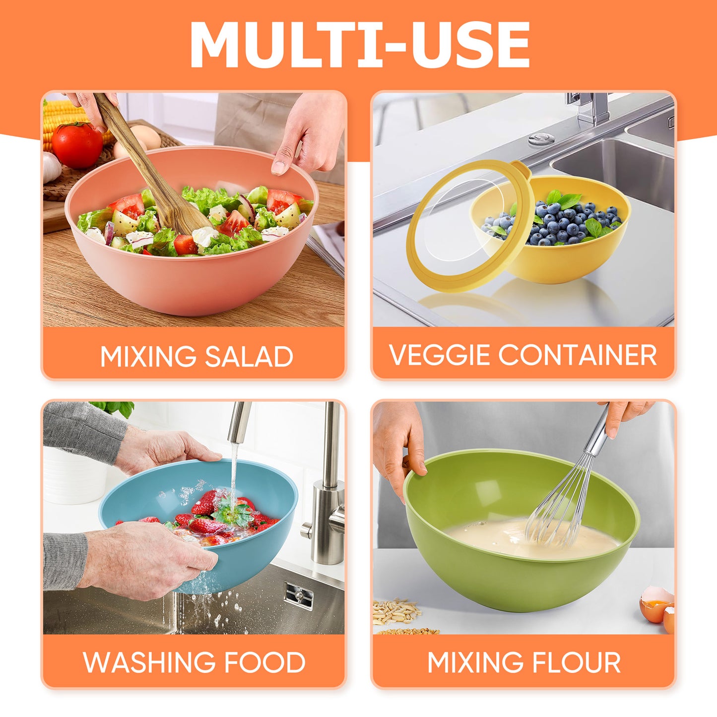 Vesteel 6Pcs Mixing Bowl Set with Lids, Plastic Nesting Bowls for Mixing, Storage, Kitchen Prepping, Serving Food, Microwave & Dishwasher Safe - Multi-Color