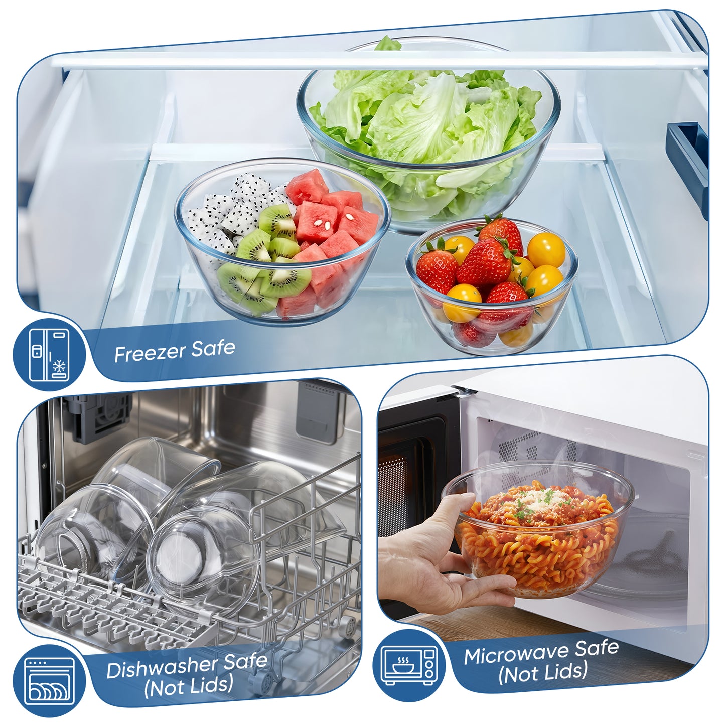 Vesteel Glass Mixing Bowls with Lids Set of 7(0.5QT, 0.8QT, 1.7QT, 2.9QT), Clear Salad Bowls with Egg Whisk Spatula Basting Brush, Nesting Food Prep Bowls for Baking Cooking Serving, Dishwasher Safe
