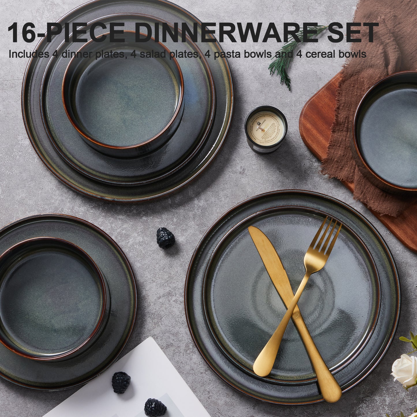 Vesteel Dinnerware Set for 4, 12-Piece Premium Stoneware Ribbed Dishes with Reactive Glaze, Chip & Scratch Resistant Plates and Bowls Set for Home Restaurant, Microwave and Dishwasher Safe - Green