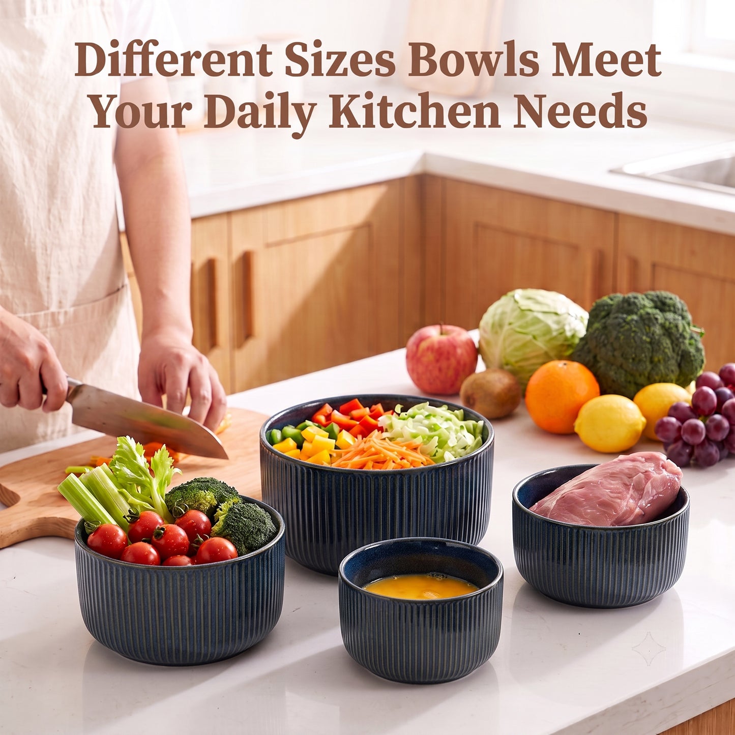Onader 8-Piece Ceramic Bowls with Lid, Mixing Bowls Set of 4 for Kitchen Meal Prep Food Storage Leftover, Stoneware Serving Bowl for Cooking Baking, Starry Blue