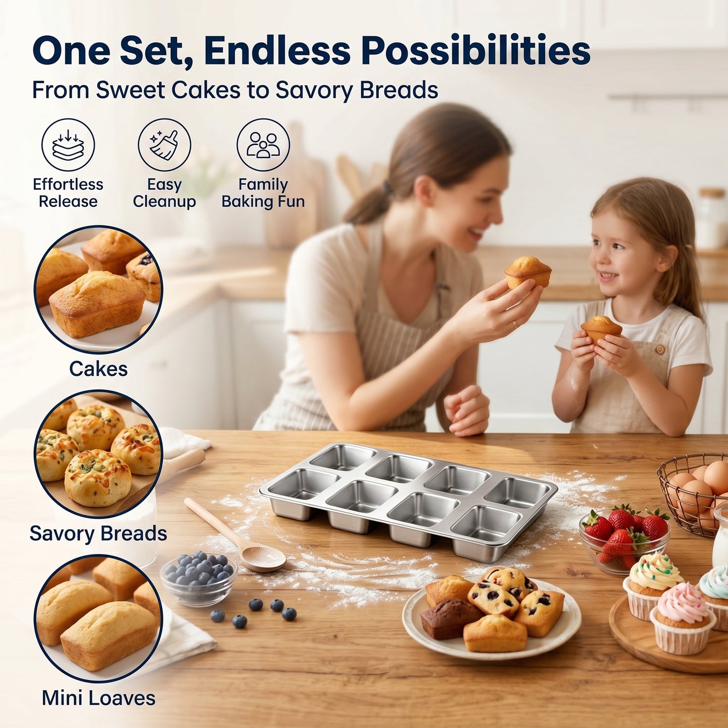 Vesteel Stainless Steel Mini Loaf Pan, 8-Cavity Small Bread Pan for Oven Baking, Rectangular Tiny Brownie Tin for Homemade Bread Cornbread, 11.8” X 8.5” X 1.2”, Dishwasher Safe