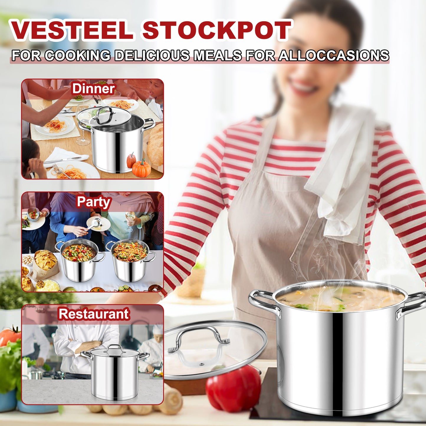 Vesteel 10 QT Stock Pot with Lid, 3 Tri-ply Stainless Steel Cooking Pot for Induction Gas Electric Stove, Big Stockpot for Cooking Soup Spaghetti, Dishwasher Safe