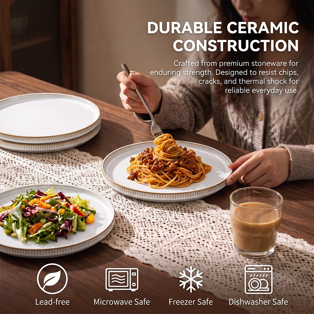 Vesteel Salad Plate for 4, 8 inch Stoneware Dinner plates with Textured Stripes, 4-Piece Ceramic Kitchen Plates for Dessert Salad, Dishwasher Safe & Microwave Safe, Seashell White