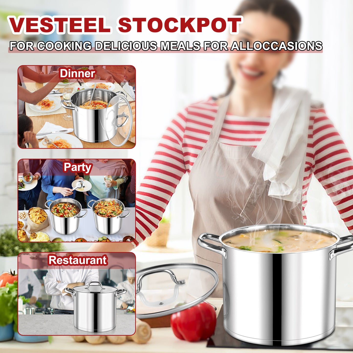 Vesteel 12 QT Stock Pot with Lid, Stainless Steel Large Cookware for Stewing Simmering, Tri-ply Bottom for Induction Gas Electric Stove, Heavy Duty & Food Grade
