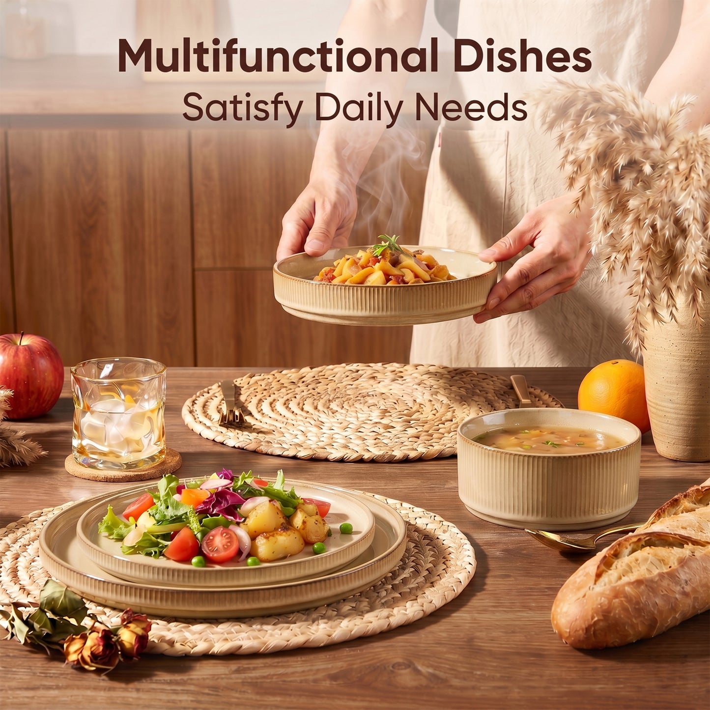 Onader 8-Piece Stoneware Dinnerware Set, Vertical Striped Reactive Glaze Plates and Bowls Sets for the Kitchen, Microwave & Dishwasher Safe, Khaki