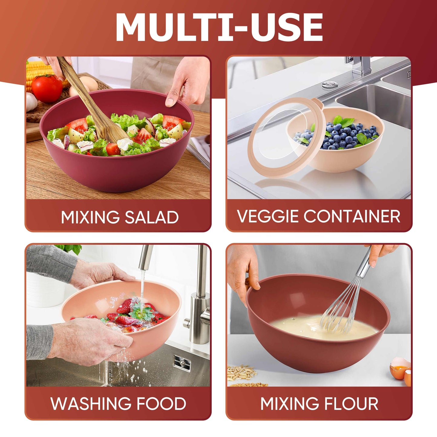 Vesteel 6Pcs Mixing Bowl Set with Lids, Plastic Nesting Bowls for Mixing, Storage, Kitchen Prepping, Serving Food, Microwave & Dishwasher Safe - Red