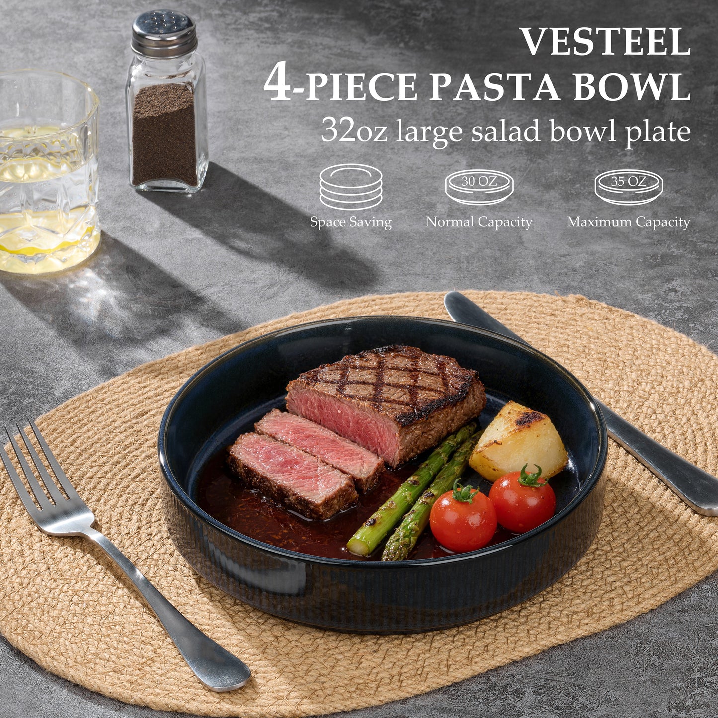 Vesteel Pasta Bowls Set of 4, 32oz Large Salad Bowls for Dinner Serving Soup, Ceramic Stoneware Pasta Plates with Textured Stripes, Microwave & Dishwasher Safe, Ocean Blue