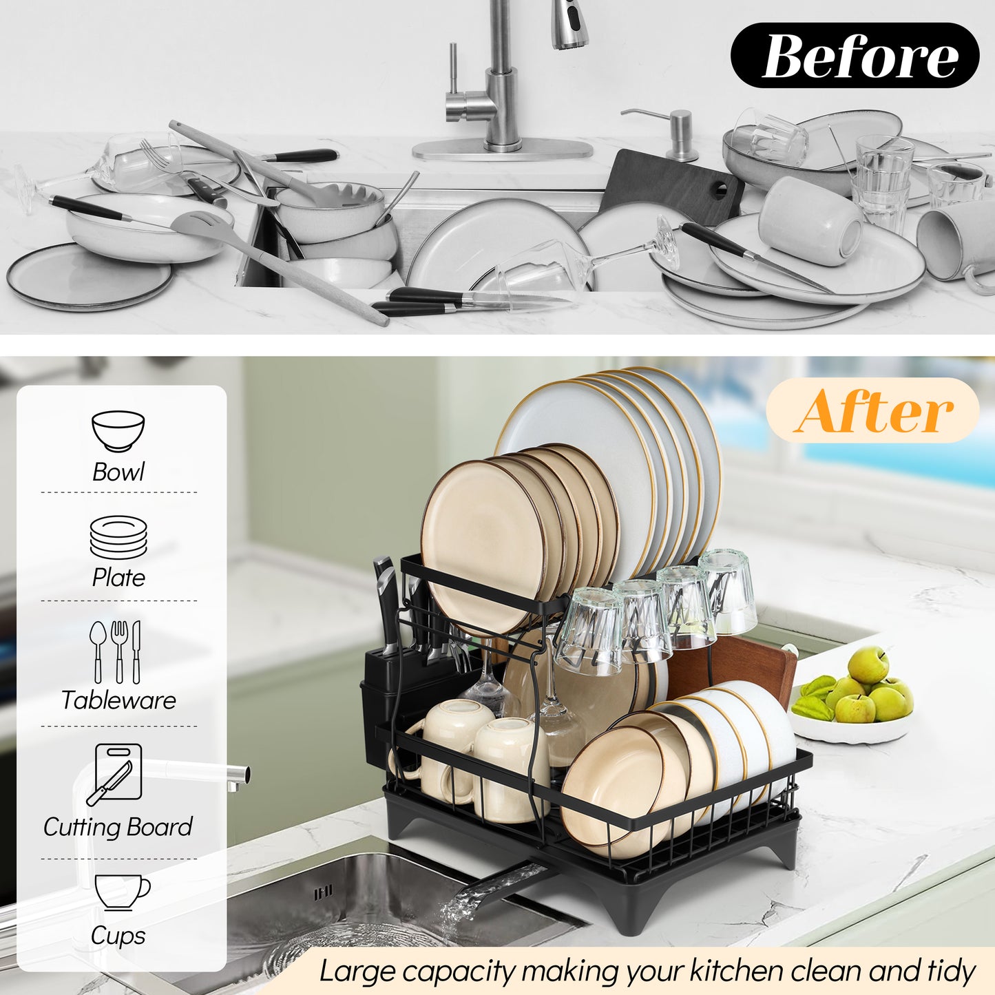 Vesteel Large Dish Drying Rack, Stainless Steel Dish Rack with Drainboard for Kitchen Counter, 2-Tier Rustproof Dish Drainer with Utensil Holder for Sink, Space Saving, Black