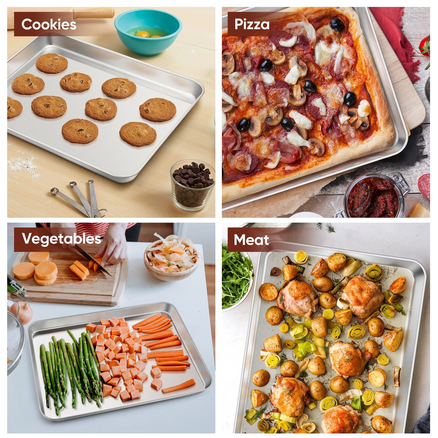 VeSteel Baking Cookie Sheet Set of 2, 17.7 x 13 x 1 inches Stainless Steel Rectangle Baking Pan Oven Tray, Dishwasher Safe
