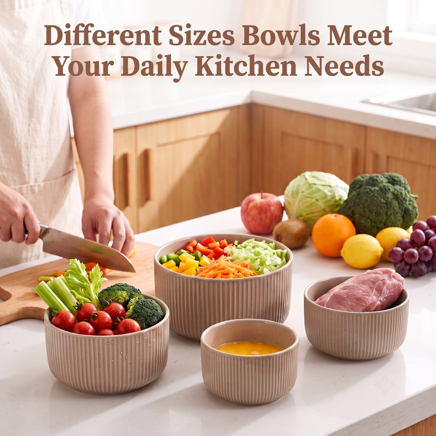 Onader 8-Piece Ceramic Bowls with Lid, Mixing Bowls Set of 4 for Kitchen Meal Prep Food Storage Leftover, Stoneware Serving Bowl for Cooking Baking, Cappuccino Brown
