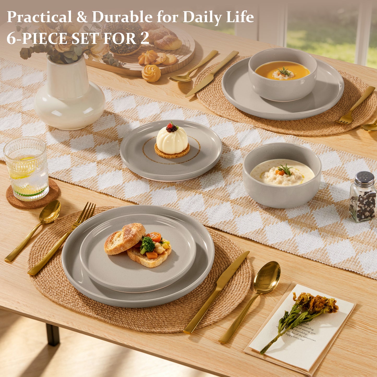 Vesteel Stoneware Dinnerware Sets for 2, 6 Pieces Ceramic Plates and Bowls Sets, Elegant Dishes with Rustic Terracotta Base, Dishwasher & Microwave Safe, Scratch Resistant, Cappuccino Brown