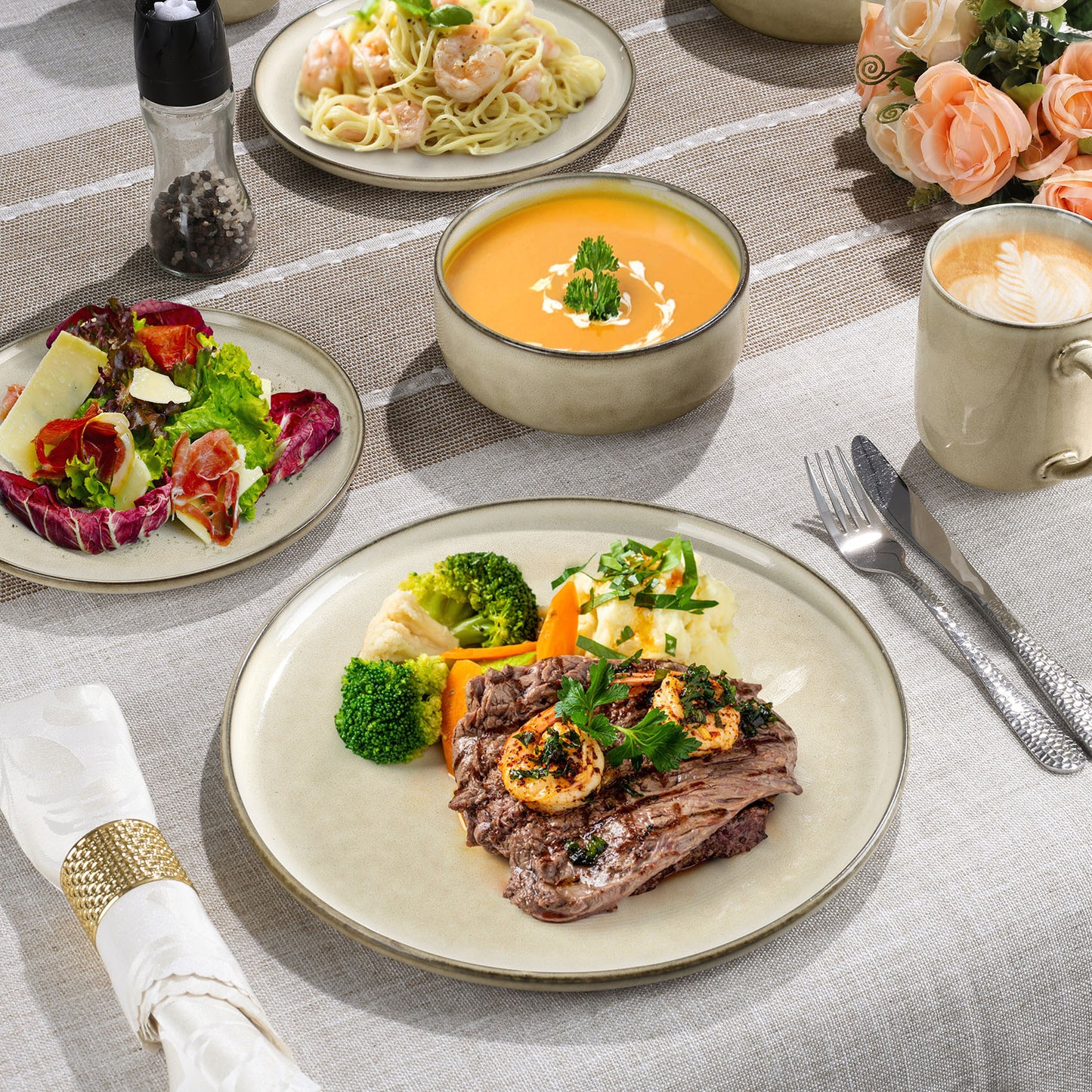 Onader 12 Piece Dinnerware Sets, Plates and Bowls Set for 4, Handmade Stoneware Dishes Sets for Home Restaurant, Dishwasher & Microwave Safe - Khaki
