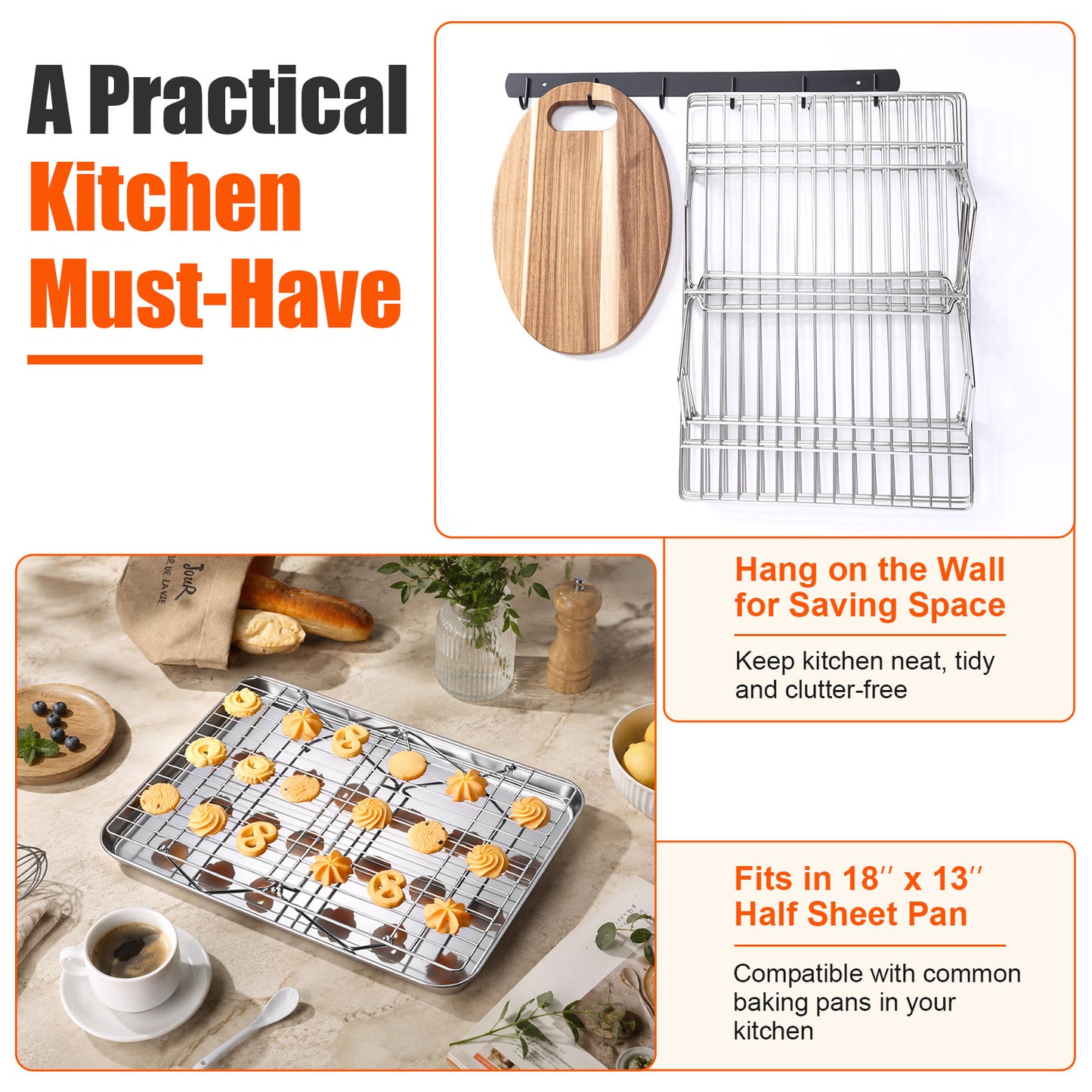 Vesteel 2-Tier Stainless Steel Cooling Racks, Stackable Baking Cooking Racks for Bread Cookie Cakes, Wire Racks with Folding Legs, Oven & Dishwasher Safe, 16.5’’ x 11.4’’