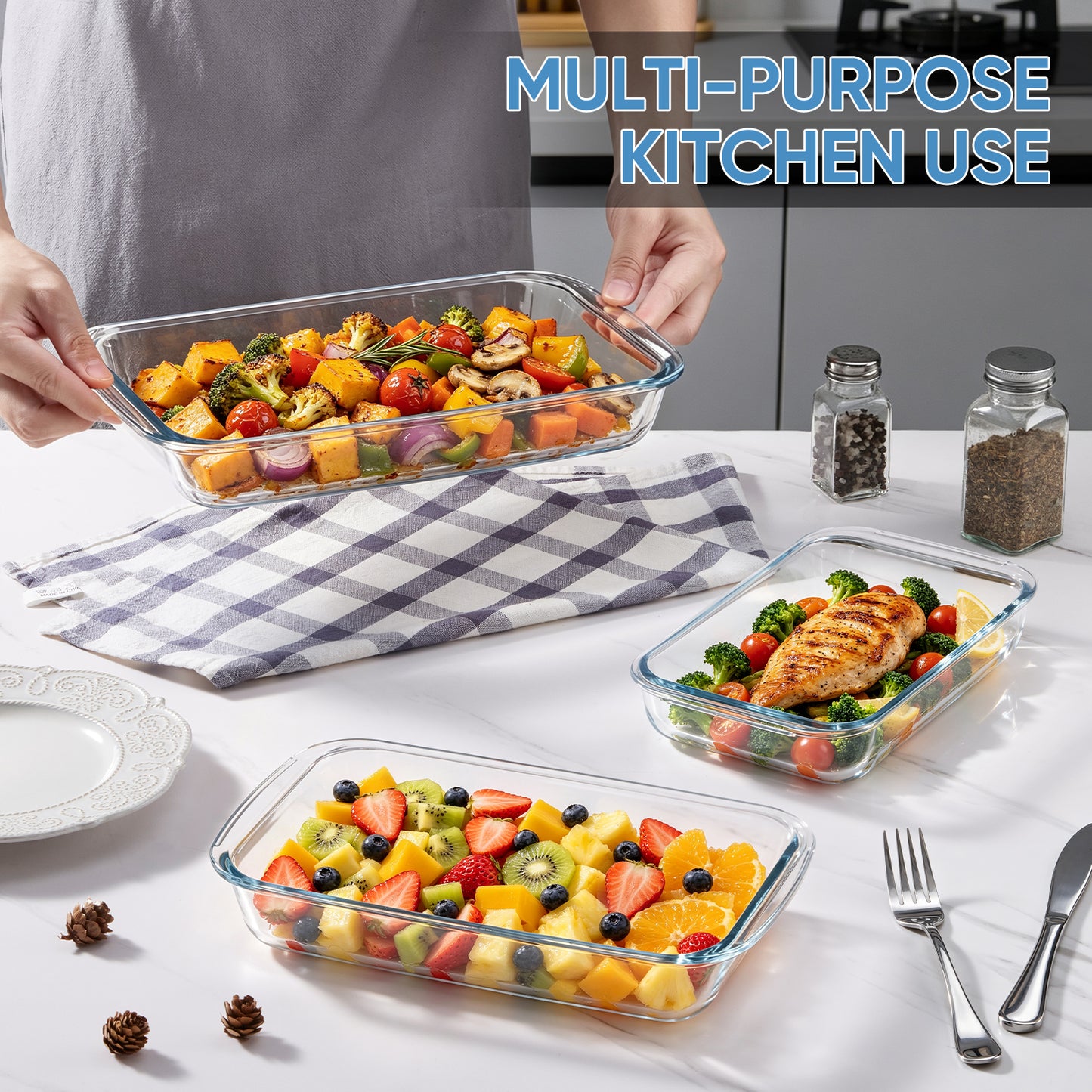Vesteel 3-Piece Glass Baking Dish Set, Rectangular Baking Tray with Handles, Non-Stick Kitchen Bakeware Set Casserole Dishes for Prepping and Baking, Heat-Resistant & Oven Freezer Dishwasher Safe