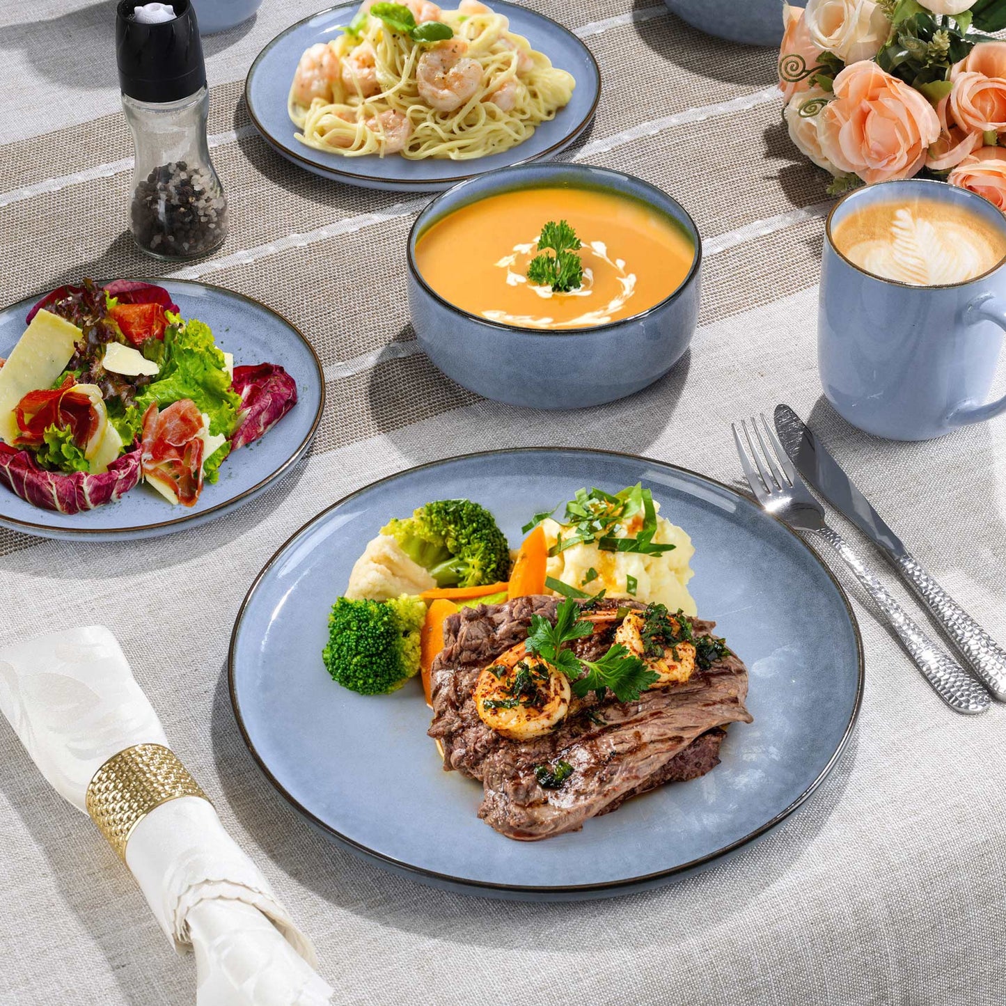 Onader 12 Piece Dinnerware Sets, Plates and Bowls Set for 4, Handmade Stoneware Dishes Sets for Home Restaurant, Dishwasher & Microwave Safe - Gray Blue