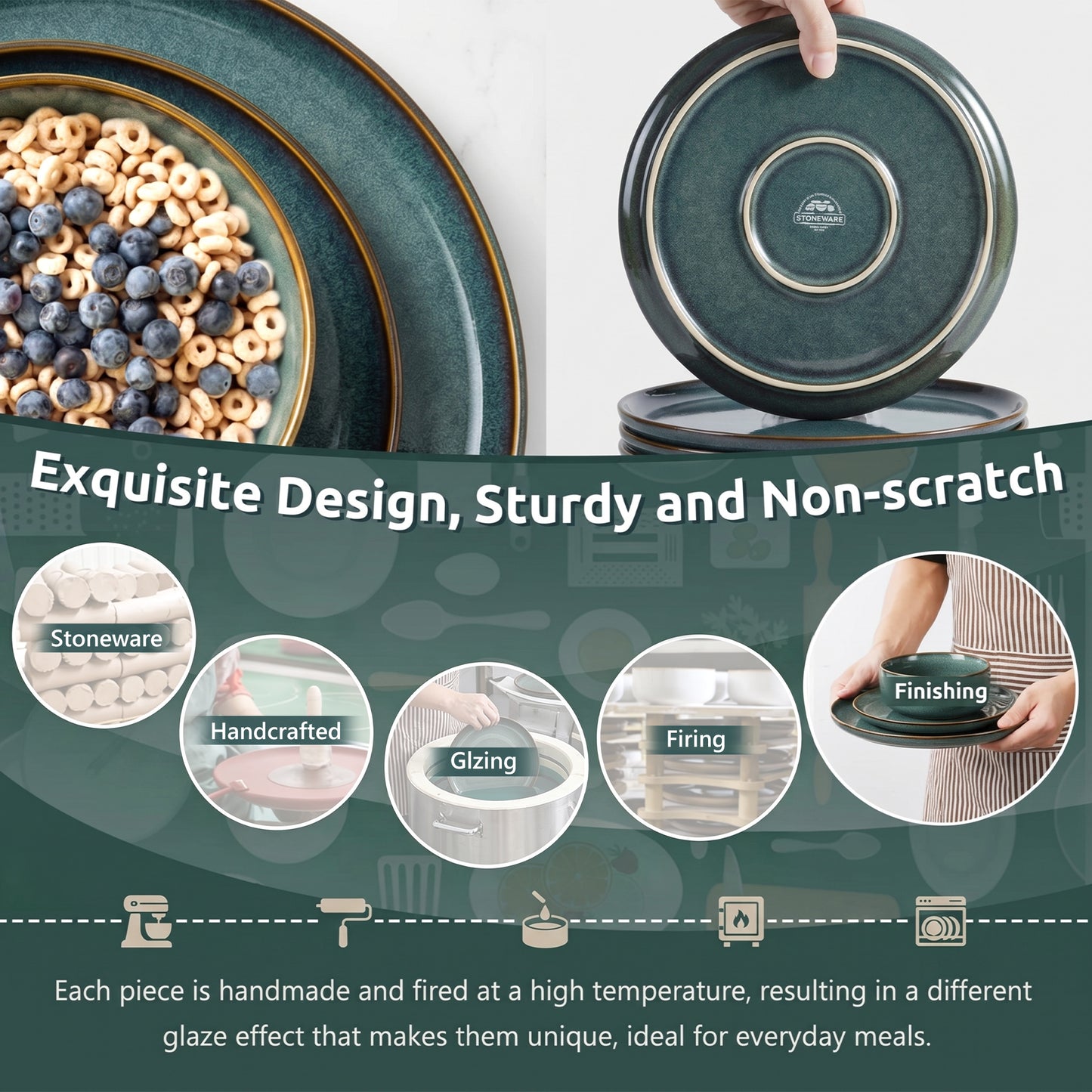 Onader 12 Piece Dinnerware Sets, Plates and Bowls Set for 4, Handmade Stoneware Dishes Sets for Home Restaurant, Dishwasher & Microwave Safe - Blackish Green