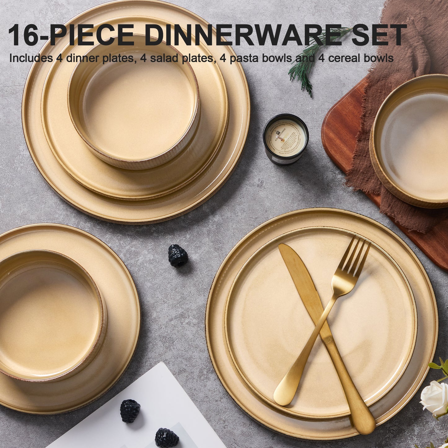 Vesteel Dinnerware Set for 4, 12-Piece Premium Stoneware Ribbed Dishes with Reactive Glaze, Chip & Scratch Resistant Plates and Bowls Set for Home Restaurant, Microwave and Dishwasher Safe - Khaki